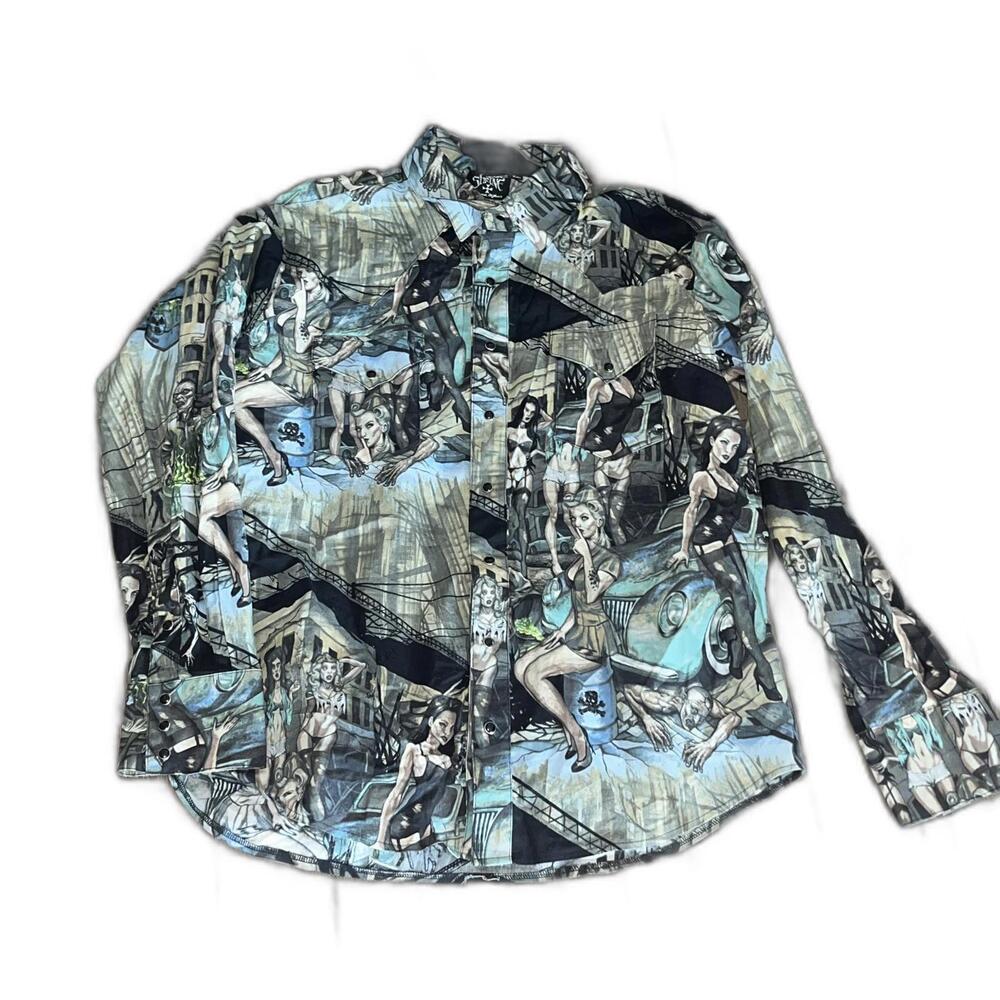 Shrine of Hollywood Men's Cowboy Shirt Hot Zombie Girls Print Multicolor XXL